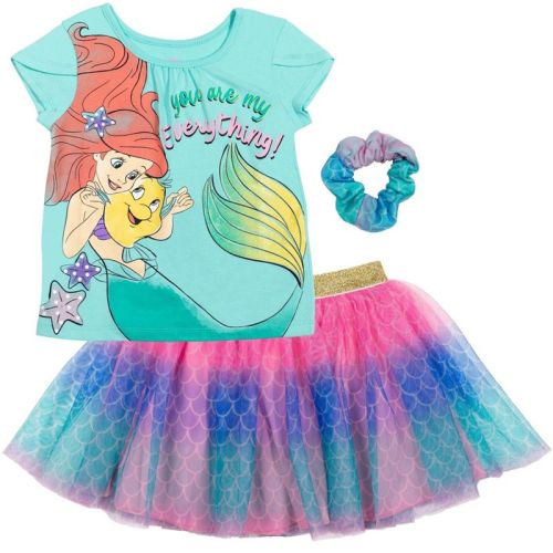 Disney The Little Mermaid Toddler Girls' Mermaid Scale Short Sleeve Graphic Tee and Tulle Skirt Outfit with Scrunchie Aqua Ariel Flounder 3T