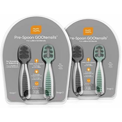 NumNum GOOtensils 2-Pack | Baby Spoon Set (First Stage + Second Stage) | BPA Free Silicone Self Feeding Baby + Toddler Utensil | #1 Doctor Recommended Baby Led Weaning Spoon for Kids Ages 6 Months+ - Gray/Green 2-pack