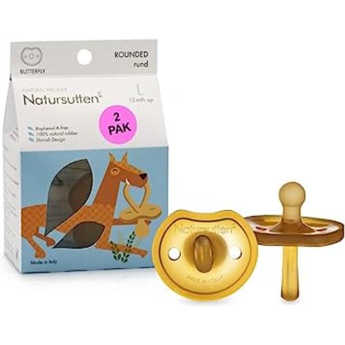 Natursutten Pacifiers 12-18 Months - 2-Pack Butterfly Shield Round Nipple Natural Rubber Safe & Soft BPA-Free Pacifiers for Breastfeeding Babies - Newborn Pacifiers Made in Italy