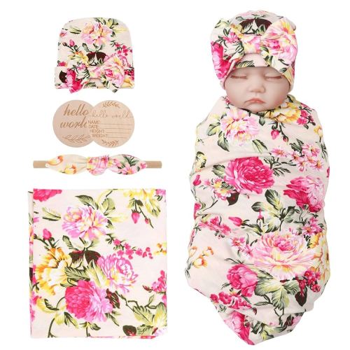 Newborn Receiving Blanket with Bow Hat Headband Wooden Card Set Newborns Toddler Baby Boy Girl Nursery Swaddle Wrap