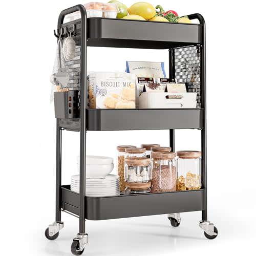 TOOLF 3 Tier Rolling Cart Storage Organizer, Metal Rolling Utility Car with Wheels, Hooks & Bins Esthetician Art Sturdy Storage with Pegboard for Bathroom, Kitchen, Office, Nursery Diaper