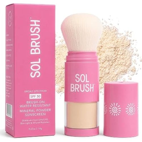SPF 50 Mineral Sunscreen Powder, Broad Spectrum UVA/UVB Protection Sunscreen, Mess Free Brush On Applicator, Clean & Cruelty Free, Water Resistant (80 Minutes), Pink, Fair