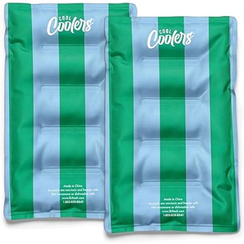 Cool Coolers Reusable XL Soft Ice Packs for Coolers, Long-Lasting Lunch Box Ice Pack, High Performance Quick Freeze, 2Pk, Blue & Green Stripe