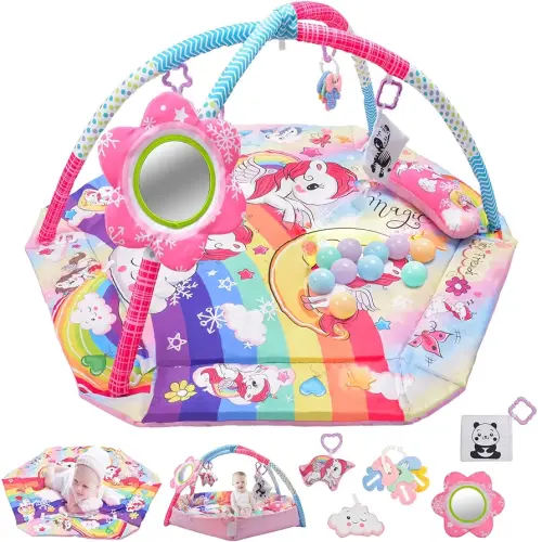 BATTOP Baby Gym Play Mat, 8-in-1 Tummy Time Activity Mat & Ball Pit with 6 Toys, Washable Sensory Playmat for Visual/Hearing/Motor Development, Newborn Gift 0-12 Months (Pink)