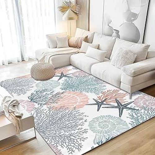 Corals Coastal Rug for Living Room 5x7 Area Rug Washable Non-Slip Rugs for Bedroom Cute Soft Kids Nursery Rug, Nautical Beach Themed Capet for Entryway Office Dining Room