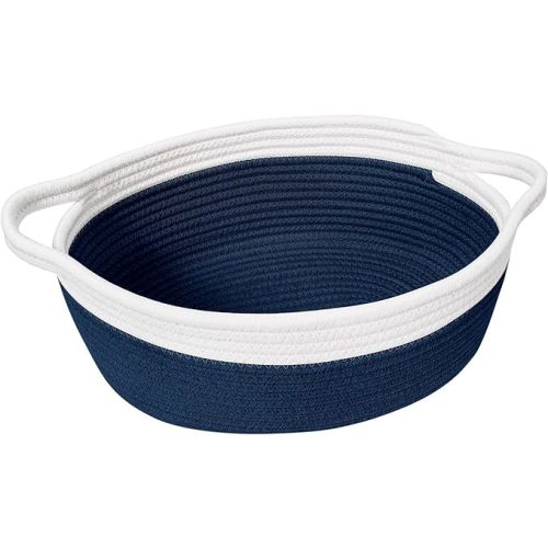 Goodpick Small Woven Basket Cute Navy Blue Rope Basket Cotton Basket Woven Storage Basket Cat Toy Basket Nursery Basket with Handles for Bedroom 12"x 8" x 5" Oval Candy Color Design, (Pack of 1) - 12x8x5 Inch (Pack of 1)