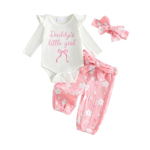 Baby Girl Clothes Newborn Coming Home Romper+Pants+Headband Fall Set | Daddy's Little Girl Ribbed Ruffle Long Sleeves Bodysuit Bow Floral Print Pants With Headband Set Fall Winter Infant Clothes