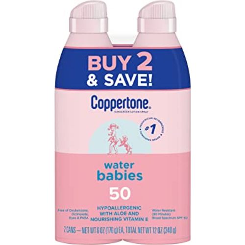 Coppertone WaterBabies Sunscreen Spray SPF 50, Spray On Sunscreen for Babies, Water Resistant, Pediatrician Recommended, 6 Oz, Pack of 2