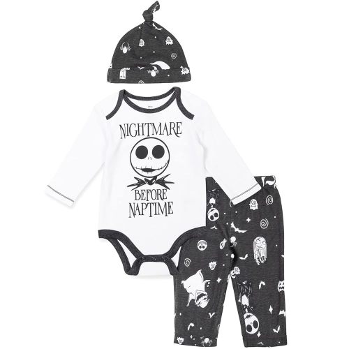 Disney Nightmare Before Christmas Sally Jack Skellington Baby Bodysuit Pants and Hat 3 Piece Outfit Set Newborn to Infant