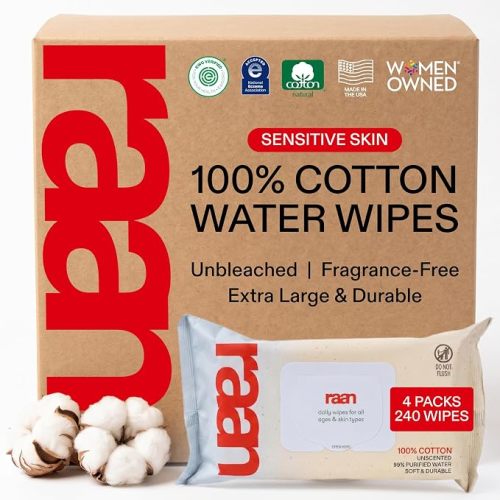 Raan, 100% Cotton Baby Wipes, Unbleached, 99% Purified Water, Unscented, EWG verified, For Extra Sensitive Skin, Naturally Soft and Durable, 4 pack, 240 Count