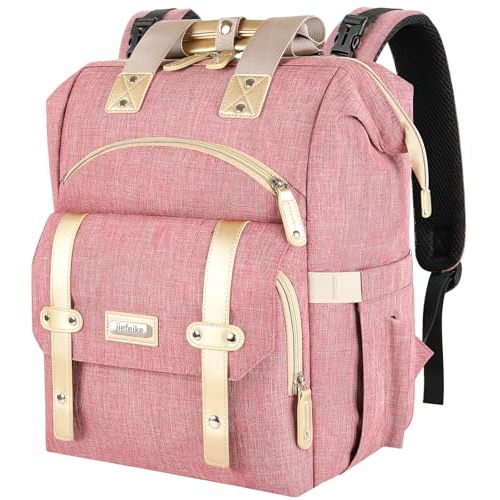 Jiefeike Diaper Bag Backpack, Pink Baby Girls Diaper Bag for Mom, Travel Baby Bags Backpack for Women, Insulated Pockets Portable toddler diaper bag, RFID Anti-Theft Pocket