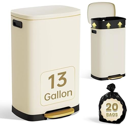 ELPHECO Kitchen Trash Can with Lid Soft Close, 13 Gallon / 50L Stainless Steel Pedal Garbage Can, Heavy-Duty Fingerprint Proof Step Wastebasket with 20 Bags, Removable Bucket, Home Office, Cream Beige