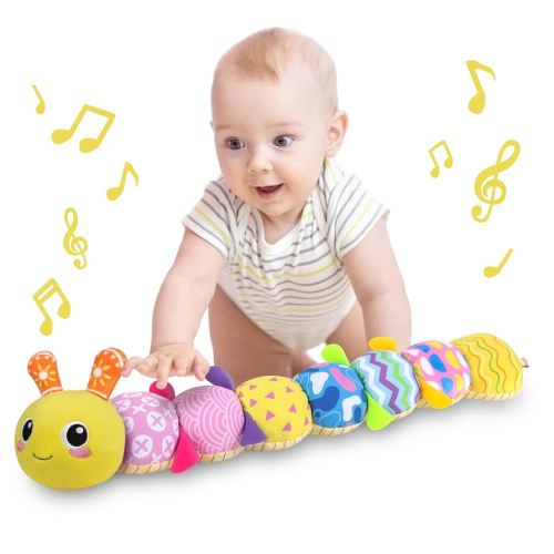 KMUYSL Baby Toys 0-12 Months, Musical Animal Stuffed Toy with Crinkle, Rattles & Lullaby, Plush Toy for Infant Newborn, Yellow Fabric Cotton