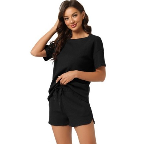 cheibear Women's Casual Pullover Short Sleeve Sleepshirt with Shorts Jogger Outfit Summer Tracksuits Pajama Sets, Color: Black, Size: x-large