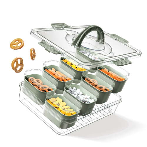 Cook With Color 8-Compartment Snackle Box, Charcuterie and Snack Container, Divided Serving Tray with Lids and Handle, Dishwasher Safe, Olive