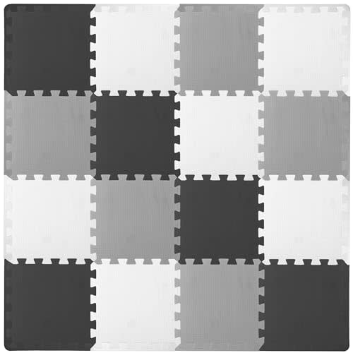 ProSource Foam Puzzle Floor Play Mat for Kids and Babies with Solid Colors, 36 or 16 Interlocking Tiles with Borders, Black/Grey/White