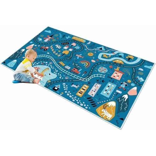 Kids Car Rug 2'7" x 3'11" , Play Mat for Toy Cars, City Woodland Carpet, Non-Slip Hand Drawn Cartoon City/Town Carpet, Machine Washable Nursery Rug for Boy and Girl (Tranquility Blue)
