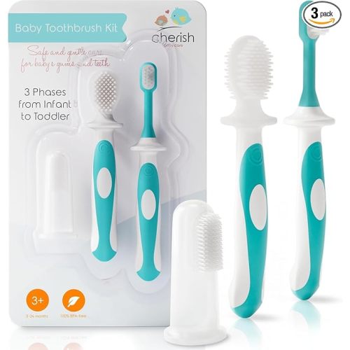 Cherish Baby Care Baby Toothbrush & Toddler Toothbrush Set (0-2 Years) - BPA-Free & Safety-Tested, 2023 Award Winner, Food-Grade Silicone (Teal)