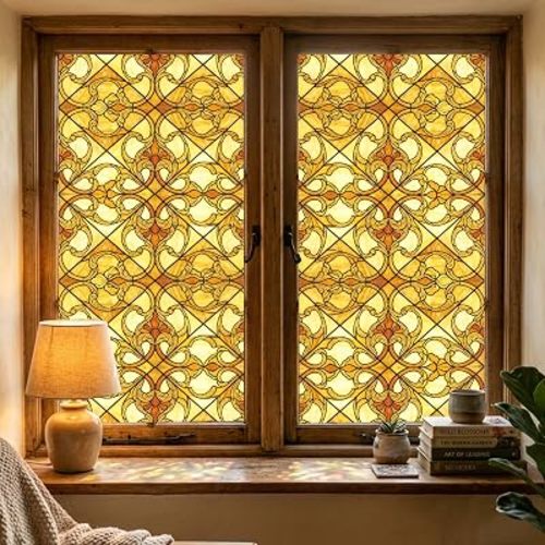 Window Privacy Film Stained Glass, 6 Pcs Vintage Static Cling Decorative Window Film Stickers with Installation Tools, Yellow Films Decals for Home Kitchen Glass Bathroom Door 17.7 x 78.7 inches