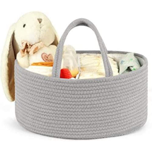Maliton Baby Diaper Caddy Organizer, Portable Diaper Organizer for Changing Table and Car, Cotton Rope Bin Basket for Storage Baby Essentials, Stylish Baby Shower Basket - Grey