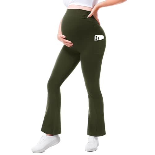 Walifrey Maternity Flared Leggings with Pocket Over The Belly Buttery Soft Pregnancy Yoga Pants for Workout