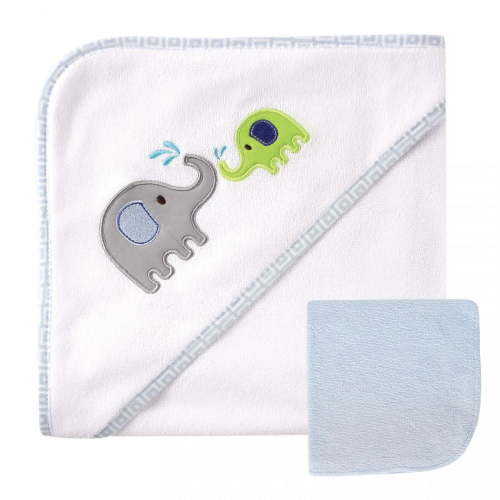 Luvable Friends Baby Boy Hooded Towel and Washcloth, Blue Elephant, One Size