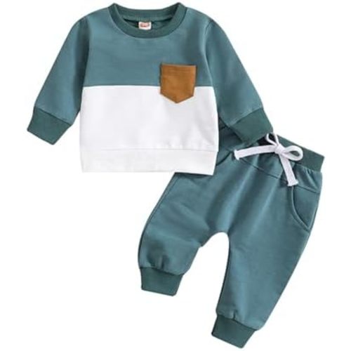 Toddler Baby Boy Sweatshirt and Pants Set Casual Outfits Color Block Long Sleeve Top+Pocket Sweatpants 3M-3T