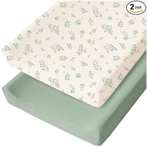 Konssy Muslin Changing Pad Cover for Baby Girls Boys, 100% Cotton Fitted Diaper Chang Table Covers, Soft Breathable Changing Pad Sheets, 2 Pack (Leafy,Green)
