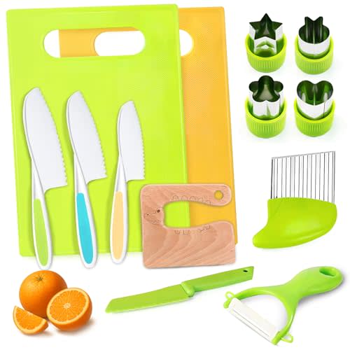 13PCS Toddler Knife Set- Kids Knifes for Real Cooking,Montessori Toy Safe Kitchen Knife Set for Toddler, Cutting Board,Gift for 3-12 Year Old Girl Boy