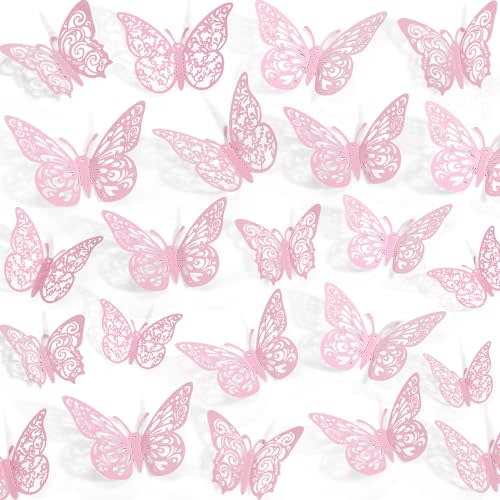 72 Pcs Butterfly Decorations - 3 Sizes, 3 Styles, 3D Wall Decor, Pink