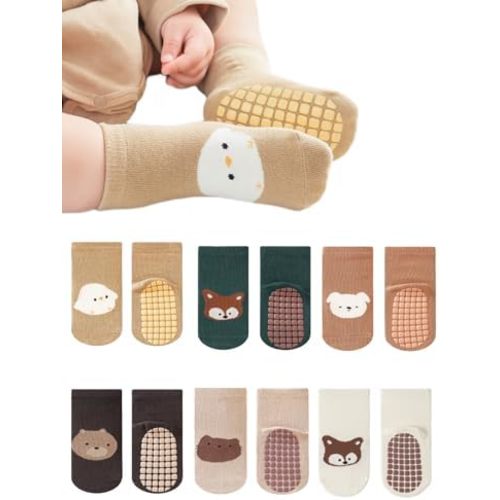 Baby Non-Skid Sock Non Slip Toddler Sock with Grips Anti-Slip Crew Sock for Infant Toddler Boy Girl 6 Pairs