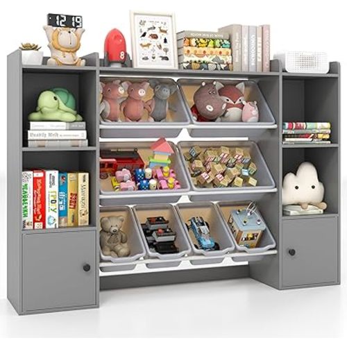 Costzon Kids Toy Storage Organizer w/ 8 Bins, Wooden Toddler Bookcase w/Open Shelves & Cabinet, Multifunctional Toy Storage Cabinet for Kids Room, Nursery & Playroom