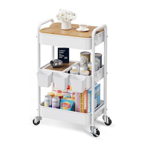 3 Tier Rolling Cart with Wood Table Top, White Bedside Cart on Lockable Wheels, Metal Utility Storage Organizer Carts for Kitchen, Art, Craft, Nail, Salon, Lash, Nursery, Bathroom, Baby Diaper Caddy