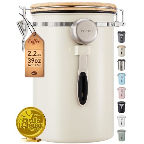Veken Coffee Canister, 39OZ Large, Mothers Day Gifts For Women, Airtight Stainless Steel Food Storage Container for 2.2lbs Coffee Beans, Ground, Sugar, Tea, Flour, Cereal,Kitchen Bar Accessories,Cream