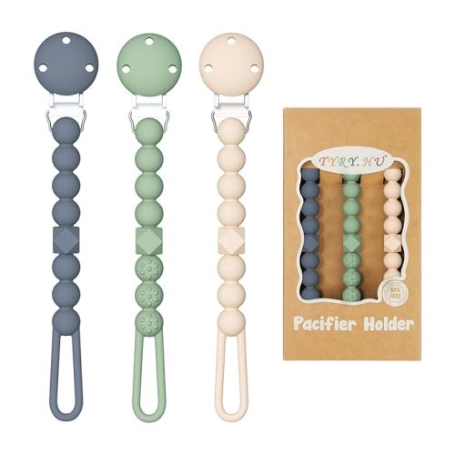 TYRY.HU 3 Pack Silicone Pacifier Holder Clip with One Piece Beads for Boys and Girls, Soft Flexible Pacifier Clip, Rust-Free Binky Clips with Texture, Keeps Pacifier Clean, Fits Most Pacifiers(Green)