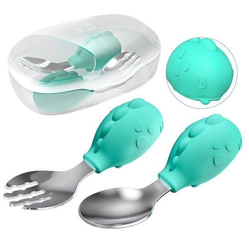 Deejoy Toddler Utensils, Self-feeding Flatware Set withTravel Case, Baby Spoons and Forks with Silicone Bendable Handle, Easy Grip Heat-Resistant, Ideal for Kids, Stage 2 Green