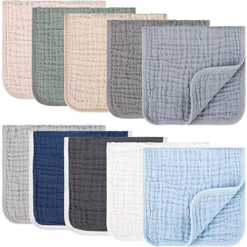 Synrroe 10 Pack Muslin Burp Cloths, 20x10Inch, 10 Mixed Colors, Soft Absorbent Baby Burping Rags