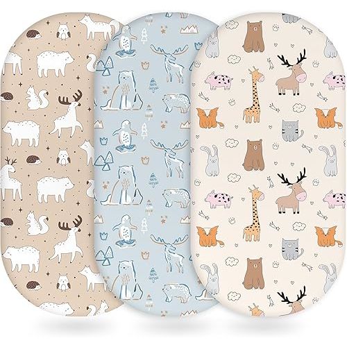 Baby Bassinet Sheets Girl Boy, Fitted Bassinet Sheet Set 3 Pack Bassinet Mattress Sheets Universal Fit for Rectangle, Round, Oval, Hourglass Mattress, Soft Breathable Blue & Apricot Bear