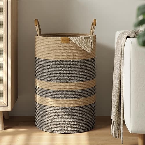 Nunsino 75L Striped Laundry Hamper with Leather Handles,Large Foldable Laundry Basket for Clothes,Cotton Rope Storage Bin for Blankets,Woven Clothes Basket for Bedroom,Dark Brown Stripes