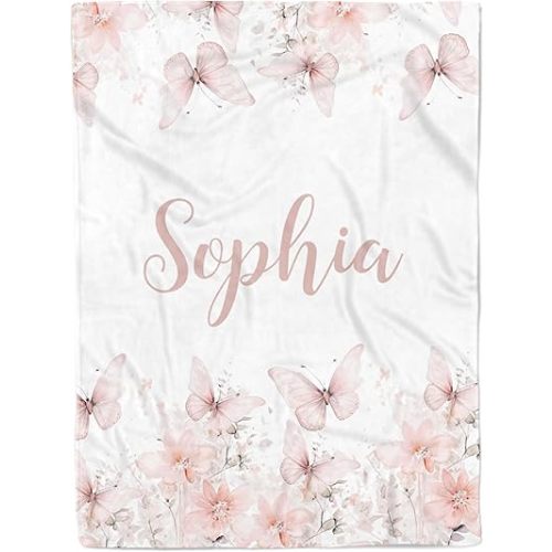 Pink Butterfly Personalized Baby Girl Blanket, Custom Name Gift (30 x 40 Baby)