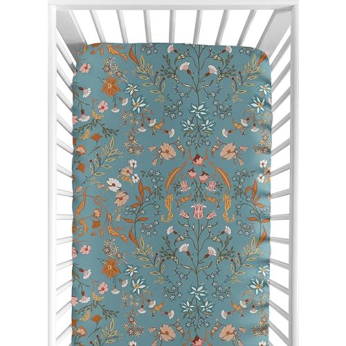 Sweet Jojo Designs Fitted Baby Crib Sheets (Blue Wildflower Vintage Floral) for Girls, Infant Nursery, Toddler Room - Standard Size (Boho, Paisley, Bohemian, Cottagecore, Farmhouse, Flower, Garden)
