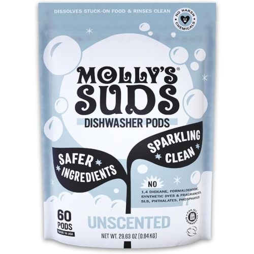 Molly's Suds Dishwasher Pods | Clean Dishwasher Detergent, Cuts Grease & Rinses Clean (Residue-Free) for Sparkling Dishes | 60 Auto-Release Tabs (Unscented)