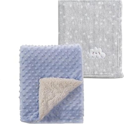 CREVENT 2Pcs 30''X40'' Cute Cozy Fluffy Warm Baby Blankets for Infants Toddlers' Bedding Crib Cot Stroller - Grey Cloud + Blue Sherpa