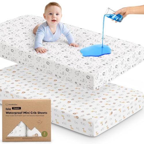 2-Pack Waterproof Pack and Play Sheets, Mini Crib Sheets Fitted for Boy, Girl - 38 x 26 Viscose from Bamboo Pack N Play Mattress Sheets for Graco, Toddler Playard Baby Crib Sheets Neutral (KeaSafari)
