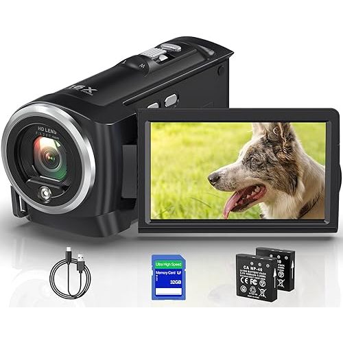 2.7K Video Camera Camcorder QHD 50MP YouTube Vlogging Camera Webcam 16X Digital Zoom with 32G SD Card 270 Degree Rotation Screen Camcorders and 2 Batteries Recording While Charging