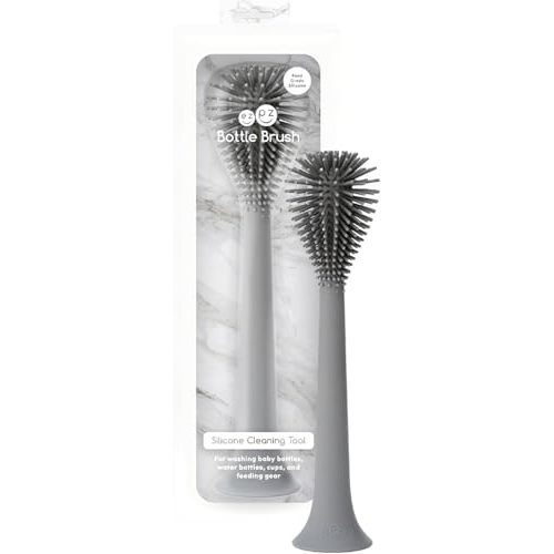ezpz Bottle Brush (Gray) - Odor-Resistant Silicone Cleaning Tool | Long Sturdy Handle and Suction Base - Flexible Top for Tight Spaces - Gently Cleans Cups, Glasses, Bottles and Accessories