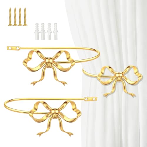 2 Pack Gold Metal Bow Curtain Holdbacks, Wall Mounted | Curtain Modern Tiebacks Decorative Window Drapery Tiebacks with Bow Finials for Living Room Bedroom Office Home