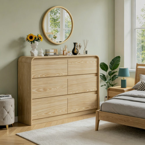 Ebern Designs Natural 6-drawer Dresser,47.3"W Double Dresser With Rounded Edges For Bedroom,Wooden Chest Of Drawers & Reviews | Wayfair