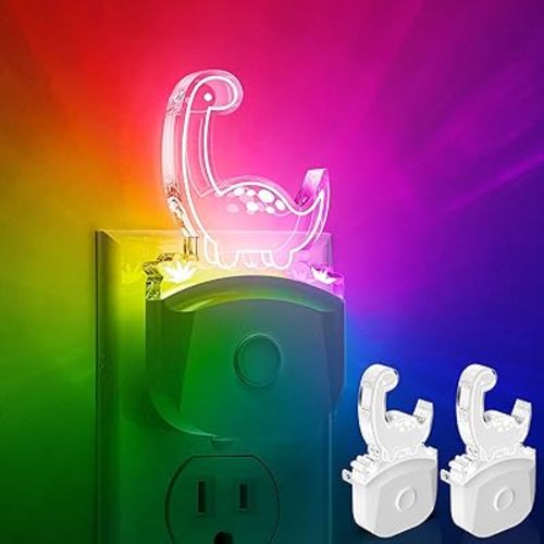 L LOHAS LED Dinosaur Night Light Plug in, Kids Night Light for Boys[2 Pack], Dusk to Dawn Sensor, 3 Lighting Modes, Color Changing Nightlights, Nursery & Bedroom Decor Gift