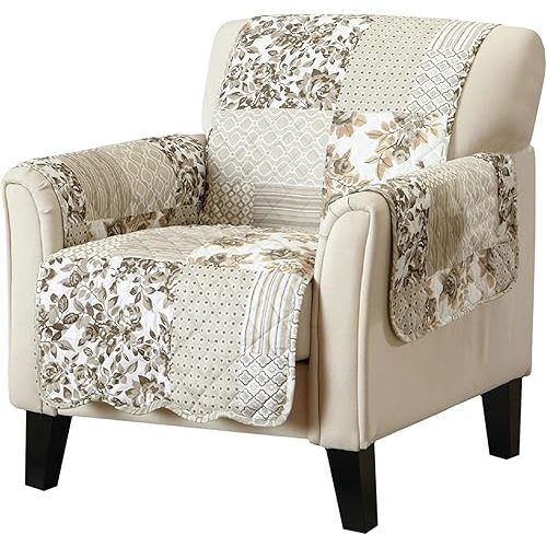 Great Bay Home Reversible Patchwork Chair Cover - Washable Slipcover Furniture Protector with Elastic Straps - Chair Cover for Dogs, Kids, and Pets - Box-Stitched Detail (Chair, Taupe)
